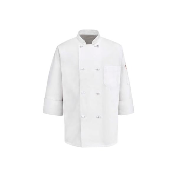 Chef Designs 8 Button-Front Chef Coat, Thermometer Pocket, Cloth Buttons, White, Poly/Cotton, S